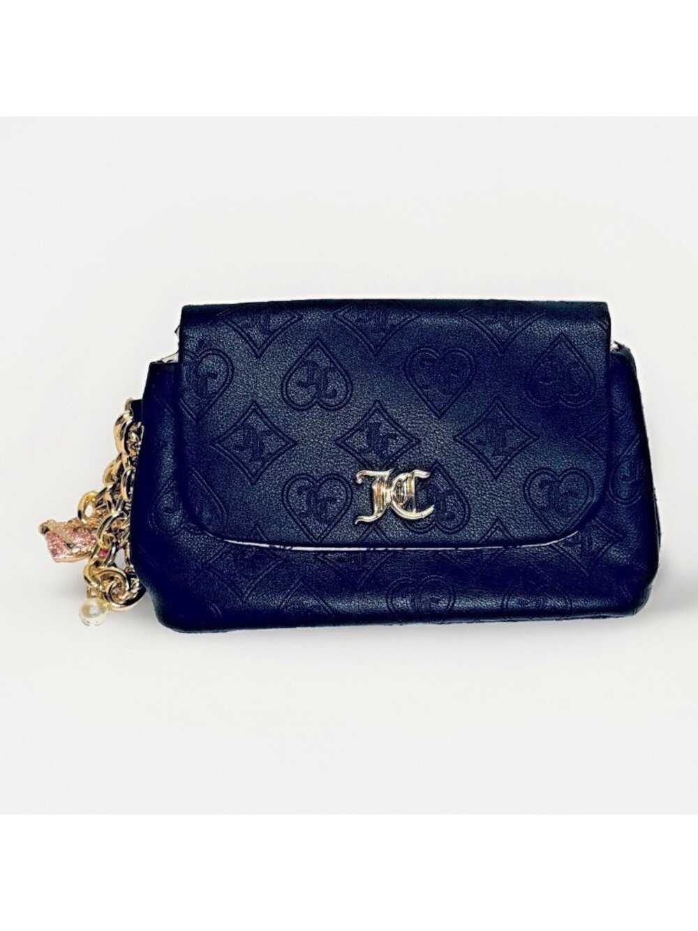Juicy Couture Vintage Y2K Black Gold Chain Heart Charm Clutch Wristlet Bag
